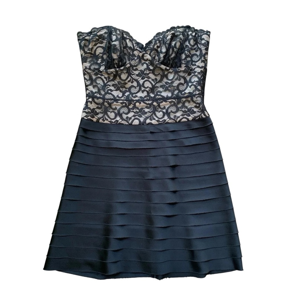 BCBG MaxAzria Lace Bustier Tiered Strapless Cocktail Evening Dress Black Size 2
